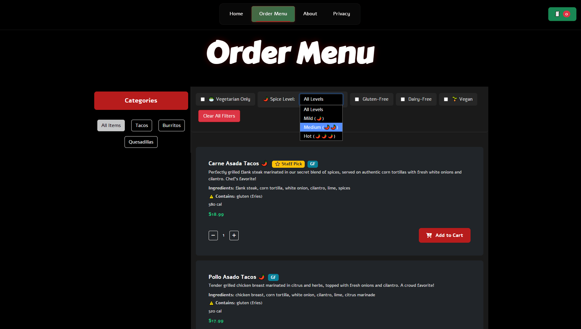 Lucha Tacos — Order Menu Header