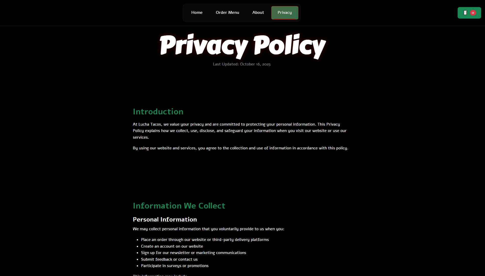 Lucha Tacos — Privacy Policy Page