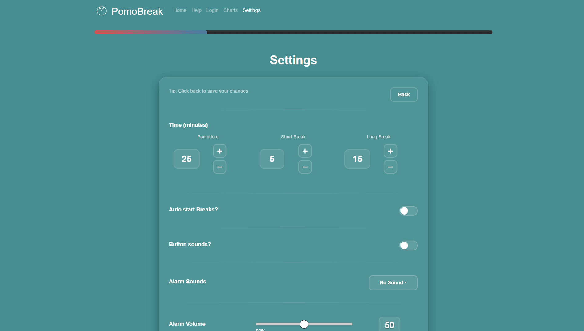 Pomodor Timer — settings page