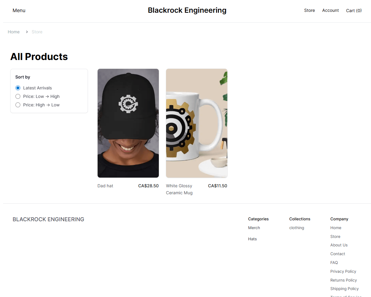 Store page with Printful products