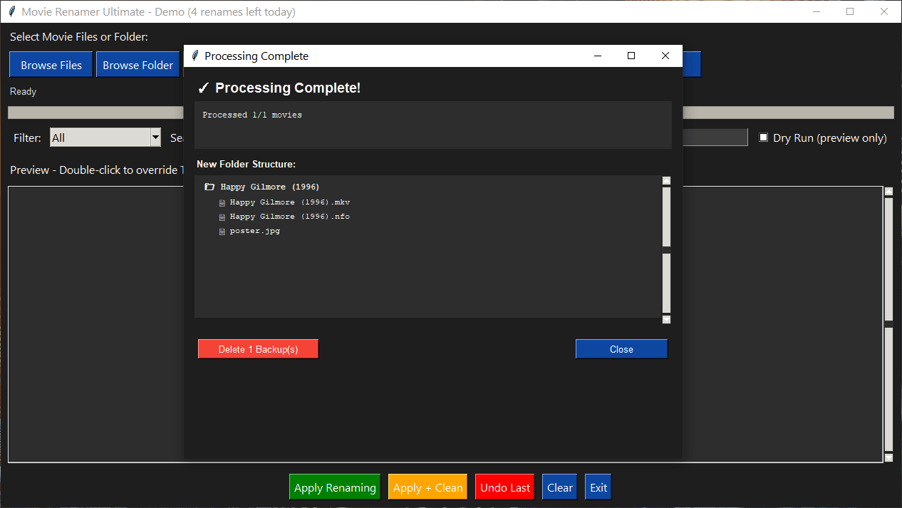 Movie Renamer Ultimate successful rename completion dialog