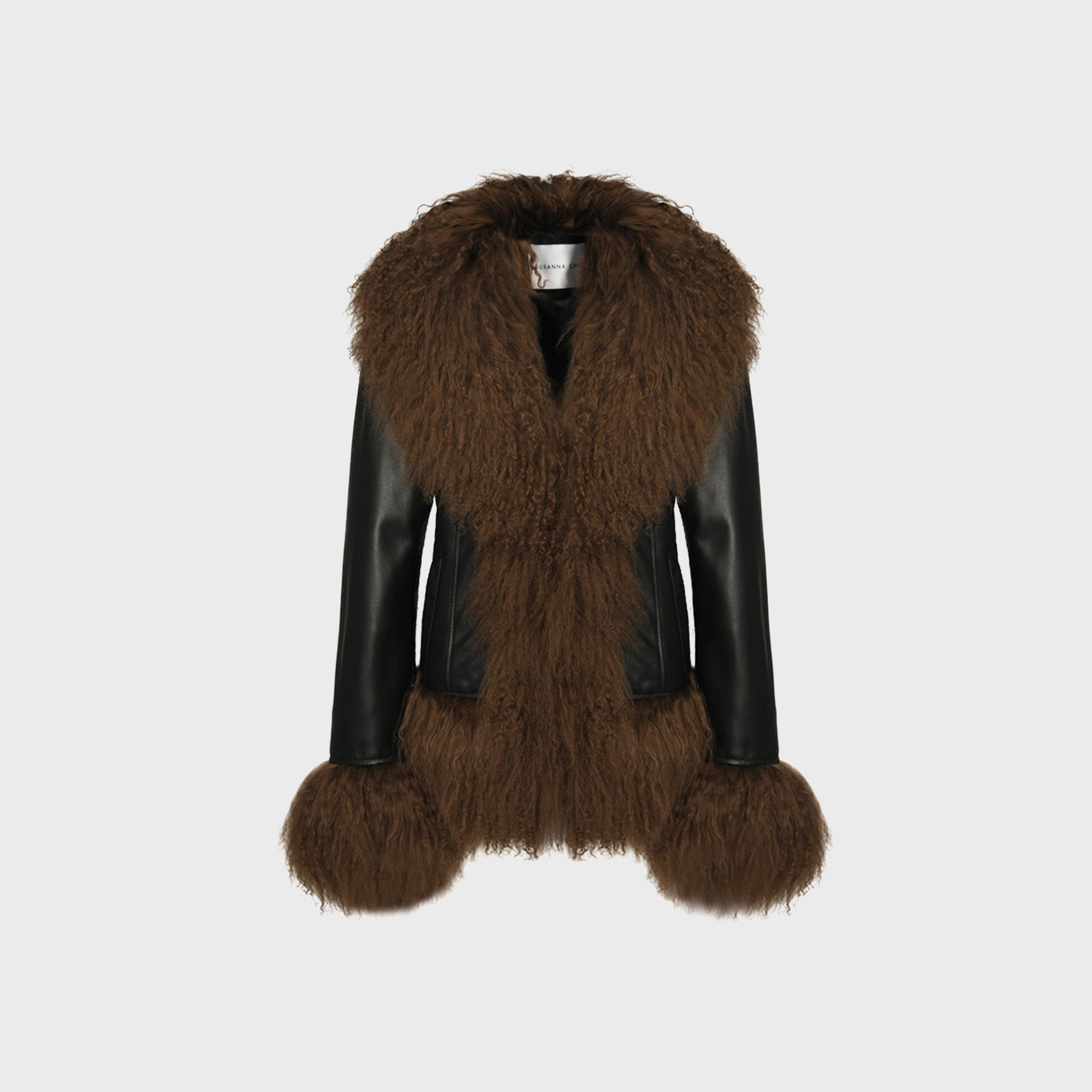 Susanna Chow Dorothy Leather Coat - Black / Brown Trim
