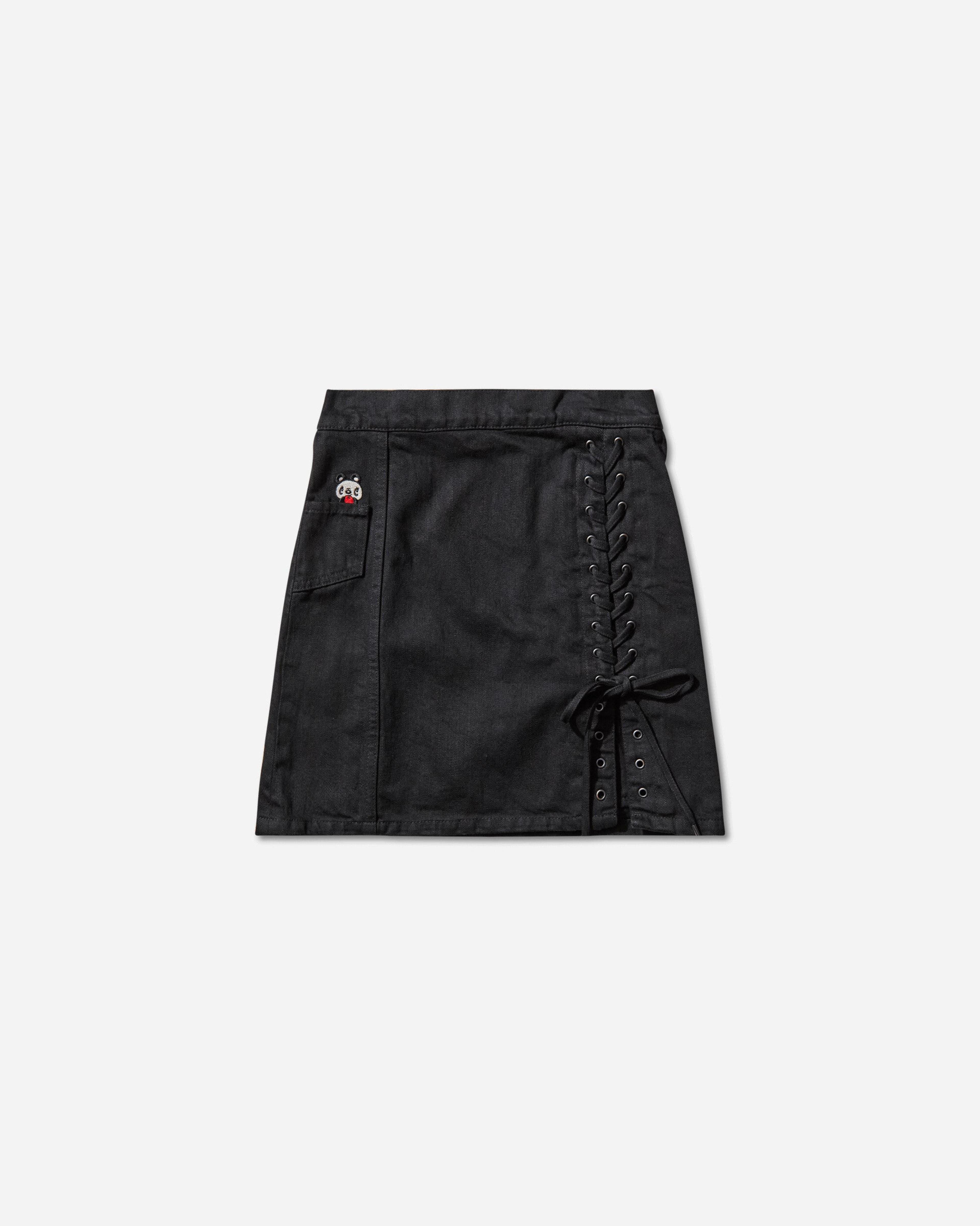Women's Apple Panda Embroidered Side Lace-Up Denim Mini Skirt Black