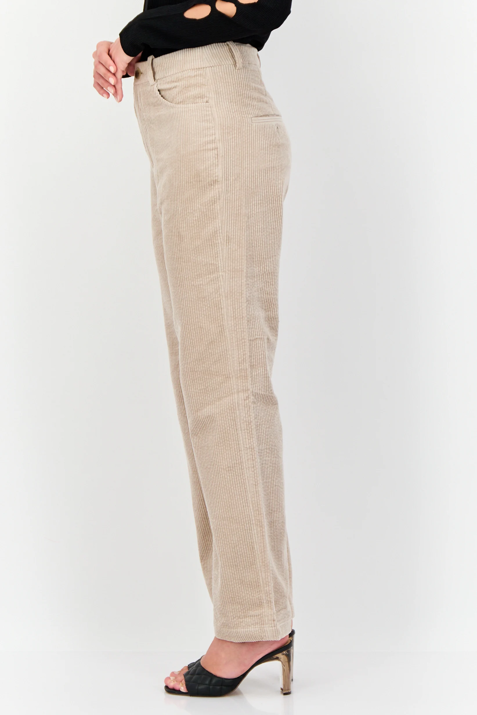 Women Regular Fit Textured Corduroy Pants, Taupe