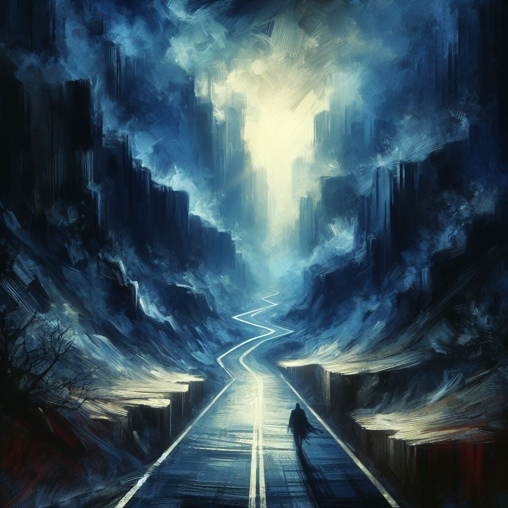 A man takes deliberate steps along a challenging road, filled with rough terrain and daunting obstacles. The path is curvy and unsmooth, testing his perseverance. However, as he continues his journey, a glimmer of light emerges, illuminating the landscape with a bright prospect of hope. To attain this hopeful outcome, he must simply keep walking forward.