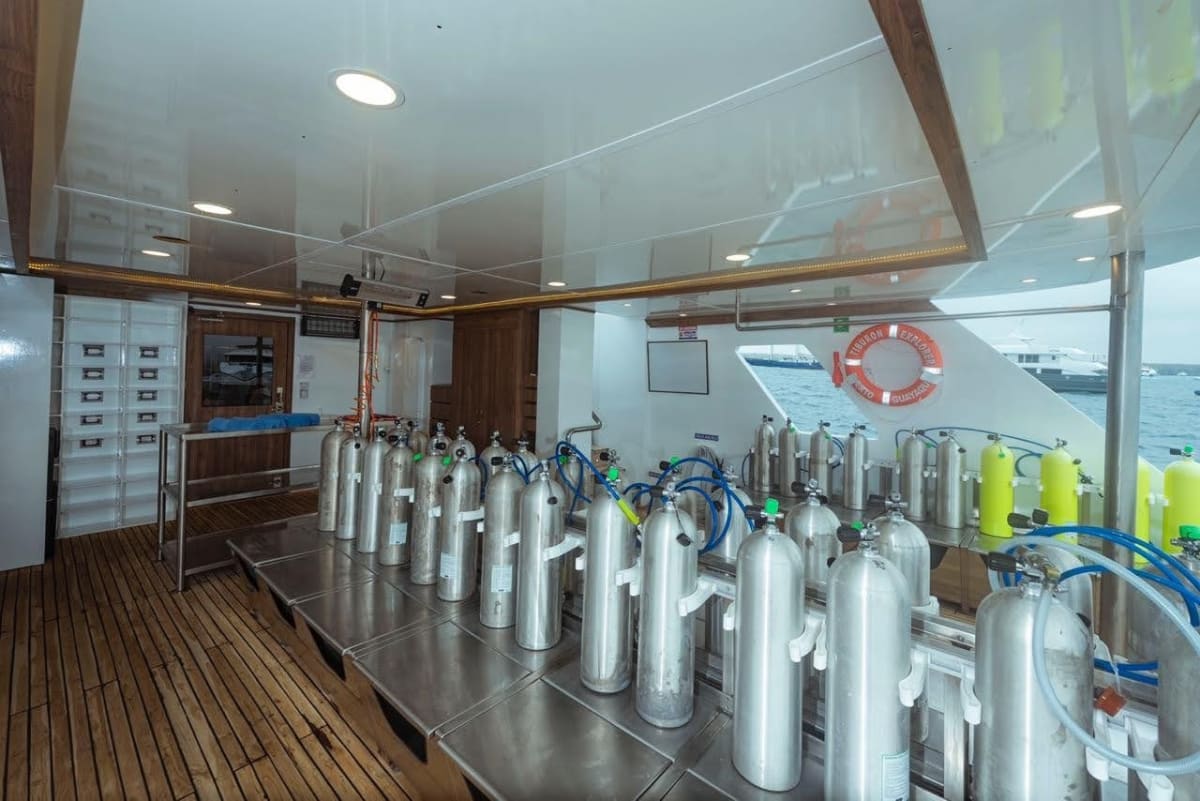 Dive deck do Tiburon Explorer, com cilindros montados e mesa de câmera