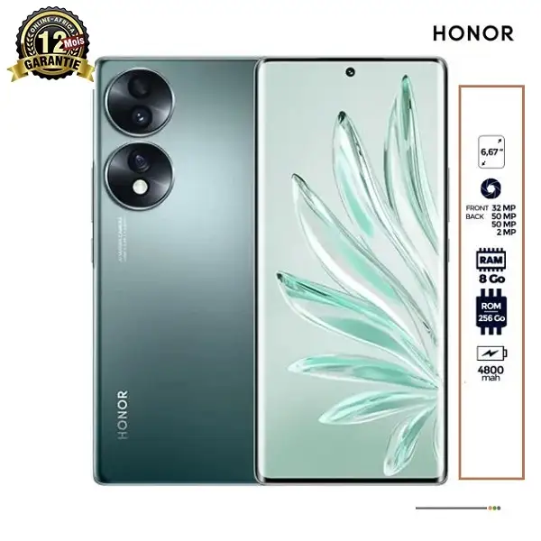 16% Nouveauté Honor 70 couleurs noir vert argent Honor 70 vue avant écran OLED 120Hz Honor 70 couleurs noir vert argent Honor 70 – 256 Go – 8Go RAM – 6.67” OLED – 54MP + 50MP + 2MP/32MP – 4800 mAh – 12mois