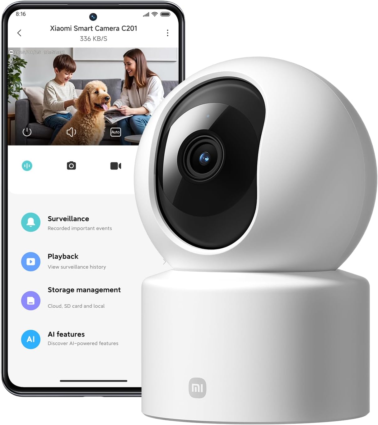 XIAOMI C201 1080p HD, caméra de sécurité, WiFi 6, 360° Panorama, Vision Nocturne Couleur, Protection Objectif, Audio bidirectionnel, babyphone, caméra Animaux, Compatible avec Alexa et Google
