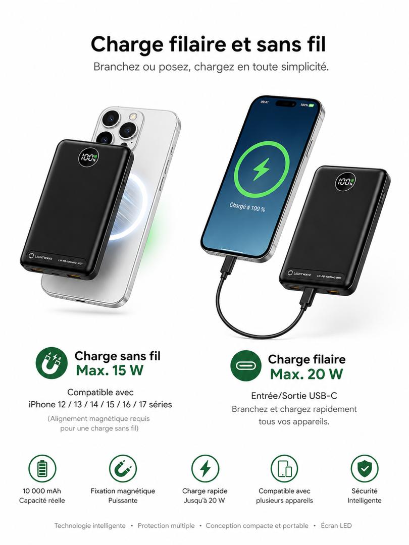 Powerbank LIGHT WAVE magnetic ultra rapide 10.000mah
