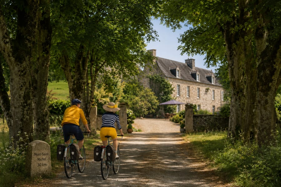 Cyclistes arrivant au Château d'Isigny, à 20 minutes du Mont Saint-Michel