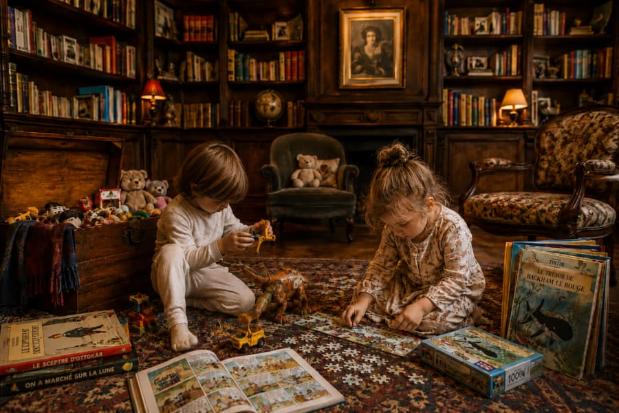 Enfants jouant dans la bibliothèque du Château d'Isigny