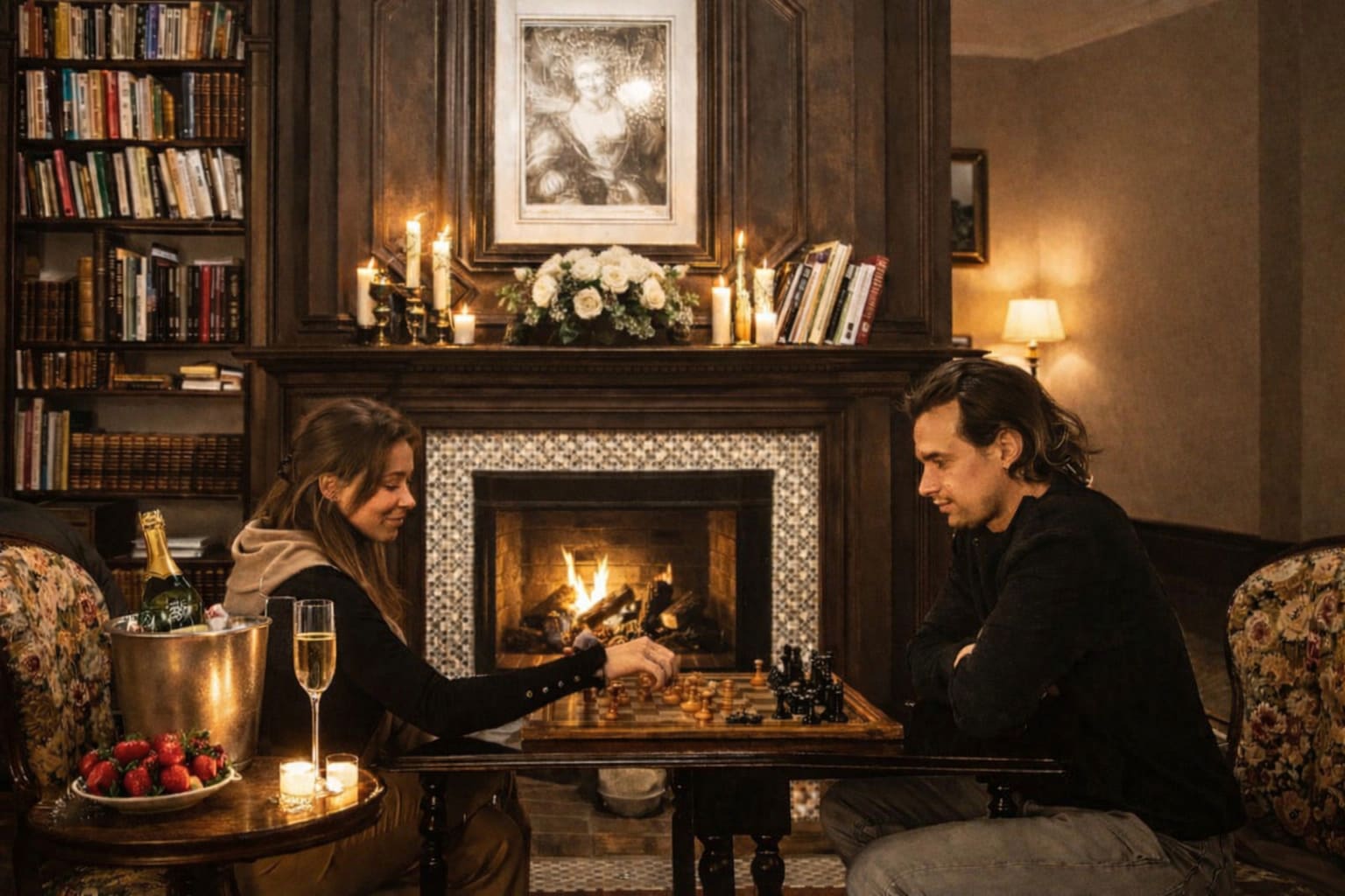 Couple profitant d'une soirée au coin du feu, Château d'Isigny