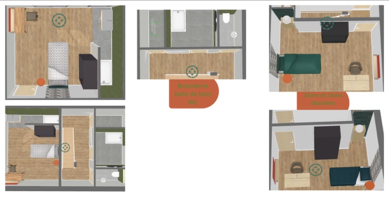 Sala Colocation étudiante entièrement rénovée – Chambres meublées – Charleroi (6061) Visuels 3D représentatifs – finitions en imagem 2