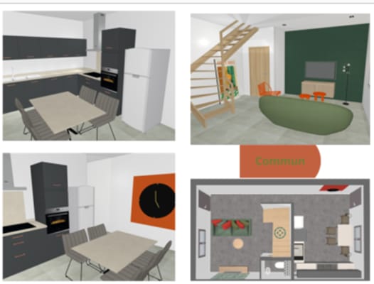 Sala Colocation étudiante entièrement rénovée – Chambres meublées – Charleroi (6061) Visuels 3D représentatifs – finitions en imagem 1
