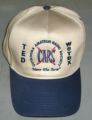 White CARS hat with a blue bill, embroidered with name and callsign