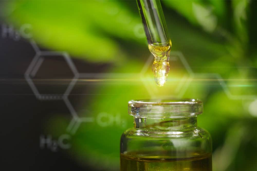 A golden dropper of full spectrum CBD rests on a green, leafy background