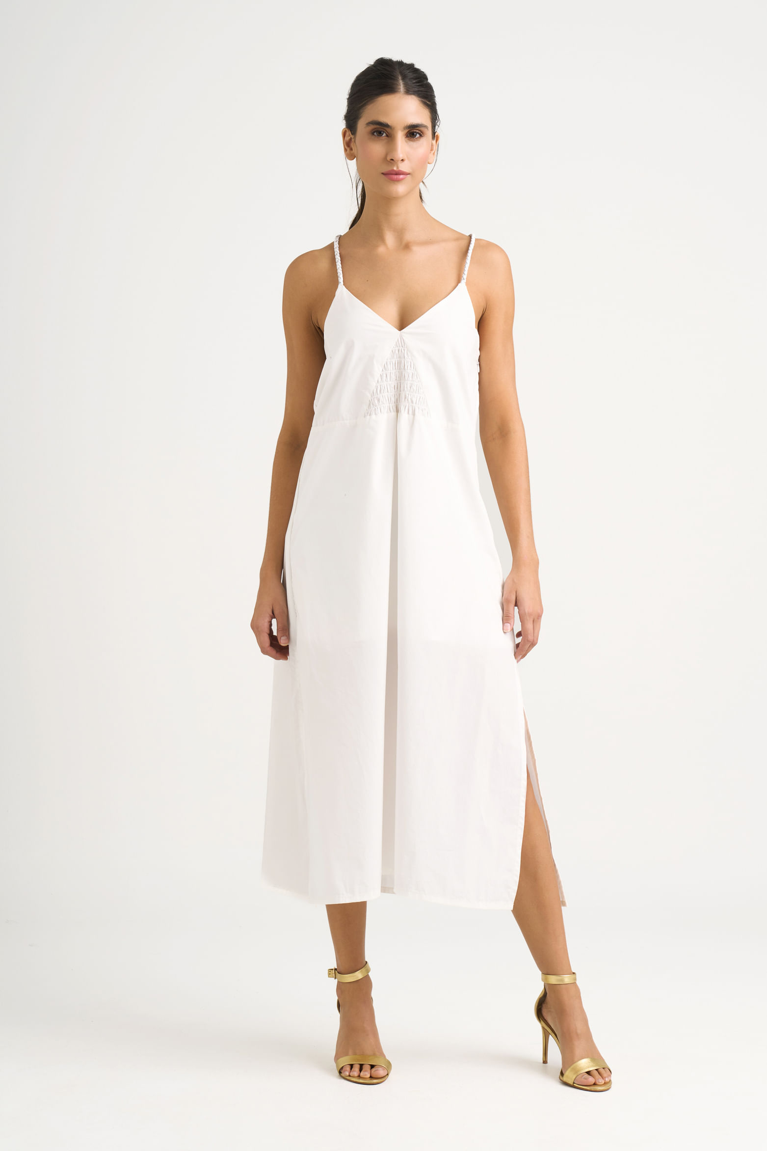Vestido maxi Celeste en tejido plano para mujer detalle trenzado