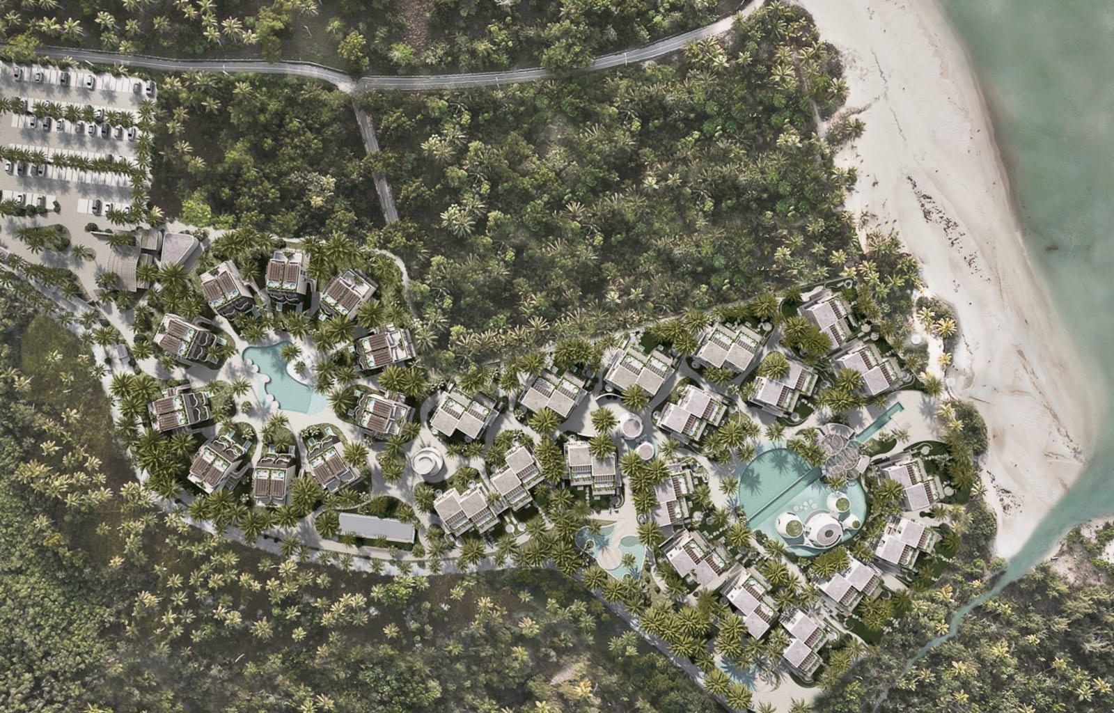 Amarse seen from straight above: the buildings among palm trees, the beach and the sea on the right