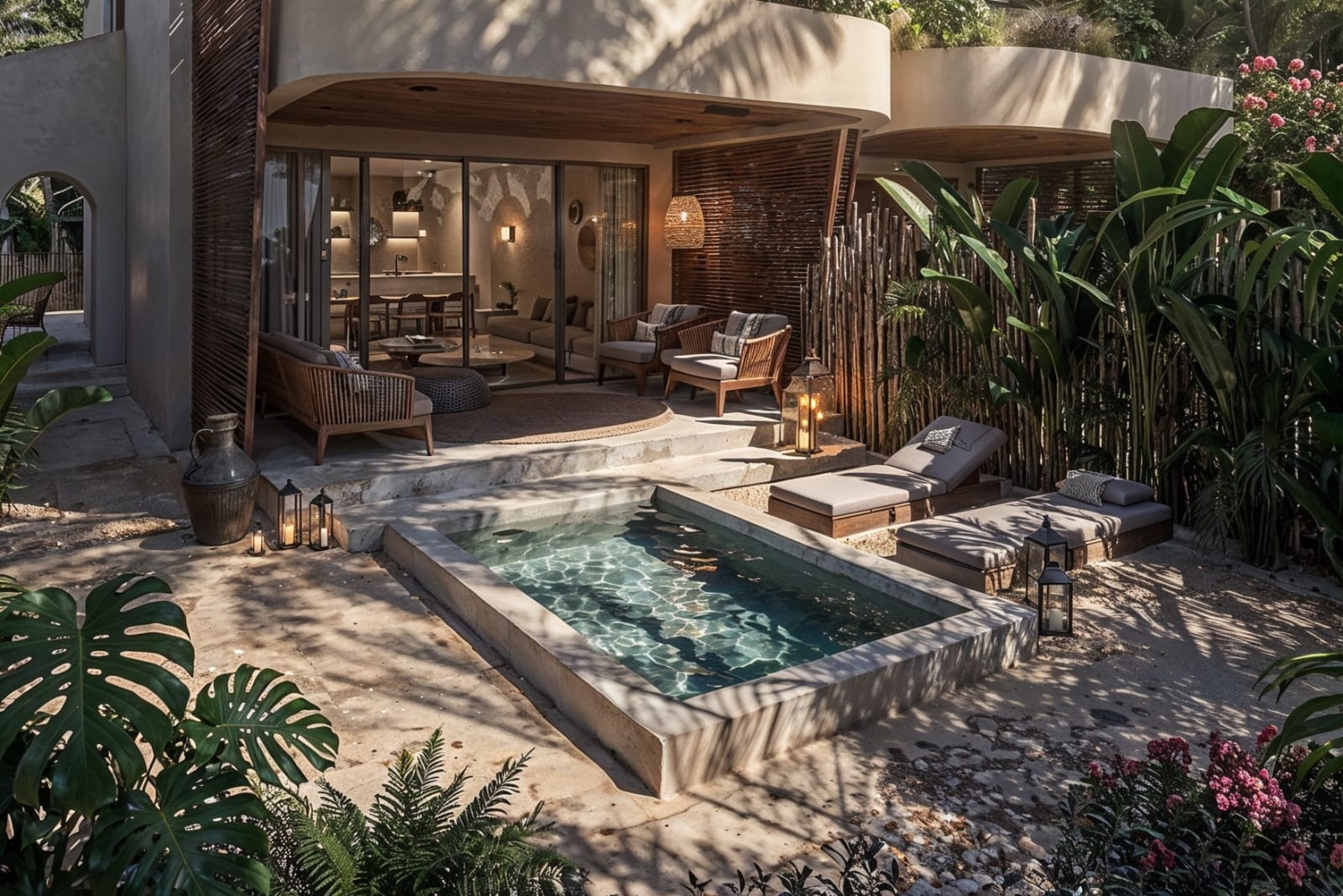 A Loft Villa from its garden: the plunge pool and the porch on the ground floor