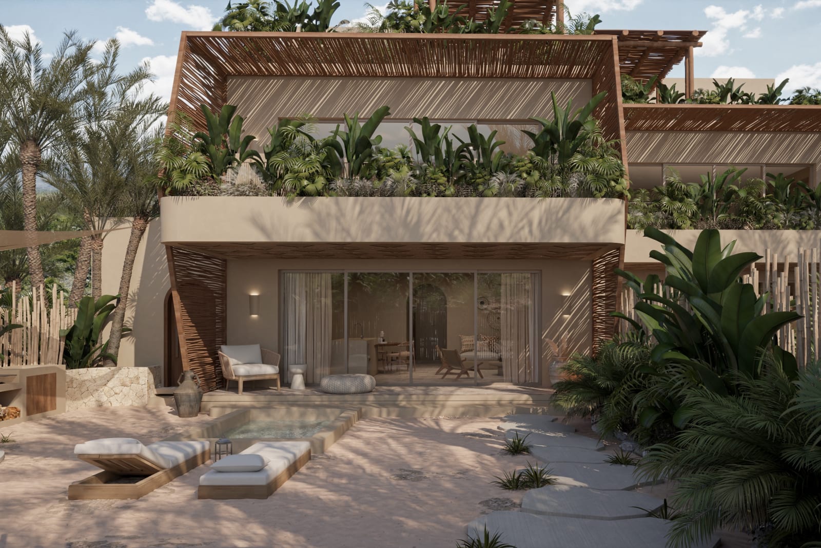 A Sunset Villas building: the terraces of the middle and top floors above the garden