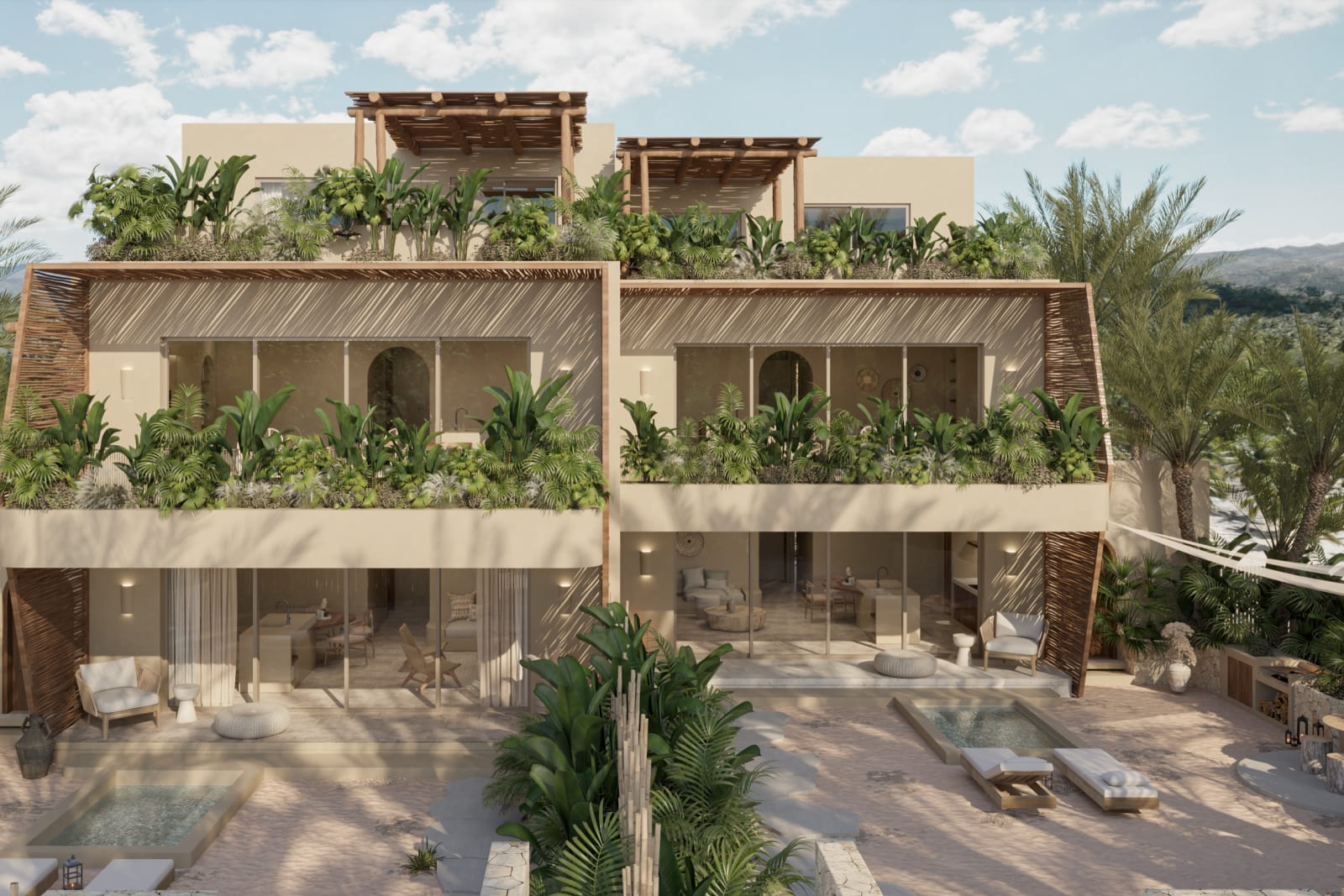 A Sunset Villas building from its garden: the villas on the ground floor, the apartments above, the penthouses on top