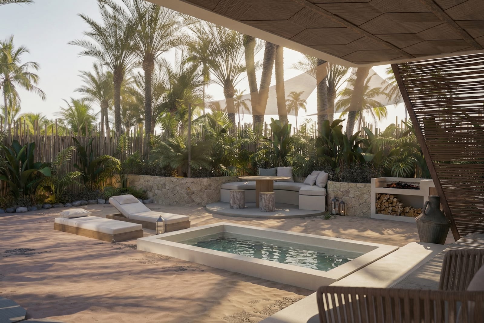 The garden of a Luxury Villa: a private pool, loungers and an outdoor lounge behind a cane fence