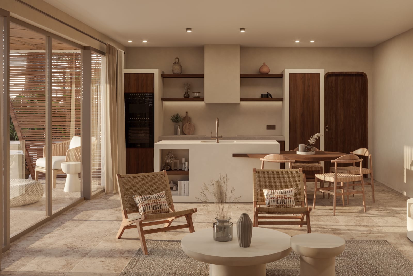 The living room and kitchen of a Luxury Villa, sliding doors to the garden