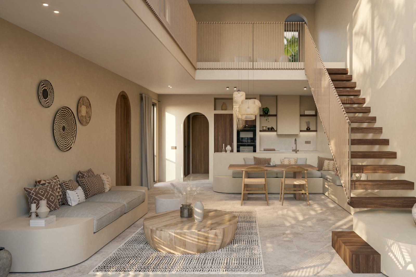A Magic Apartment from the living room: the gallery above, the stair and the kitchen