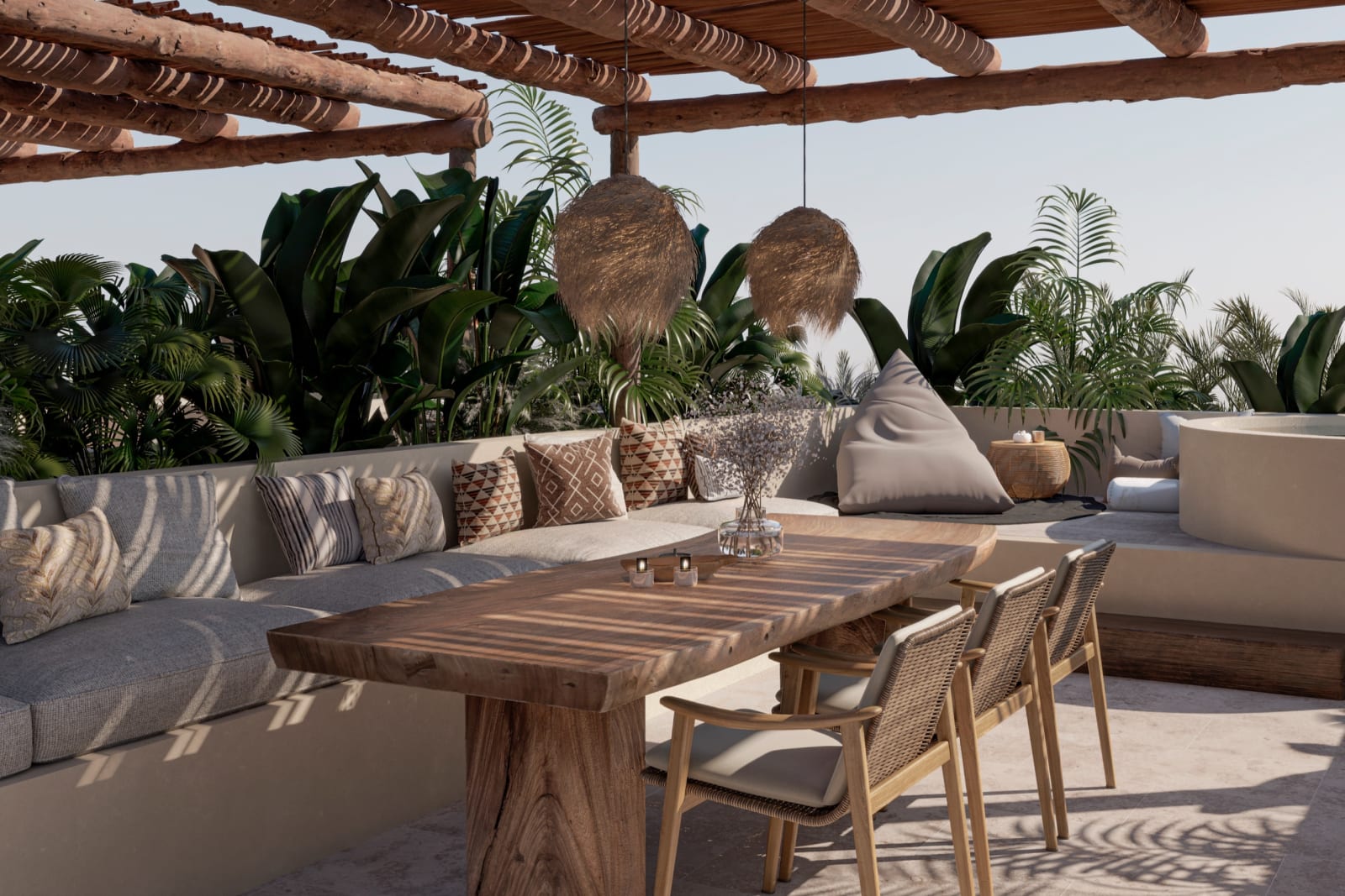 The private rooftop of a Magic Apartment: a long table and a lounge under a pergola