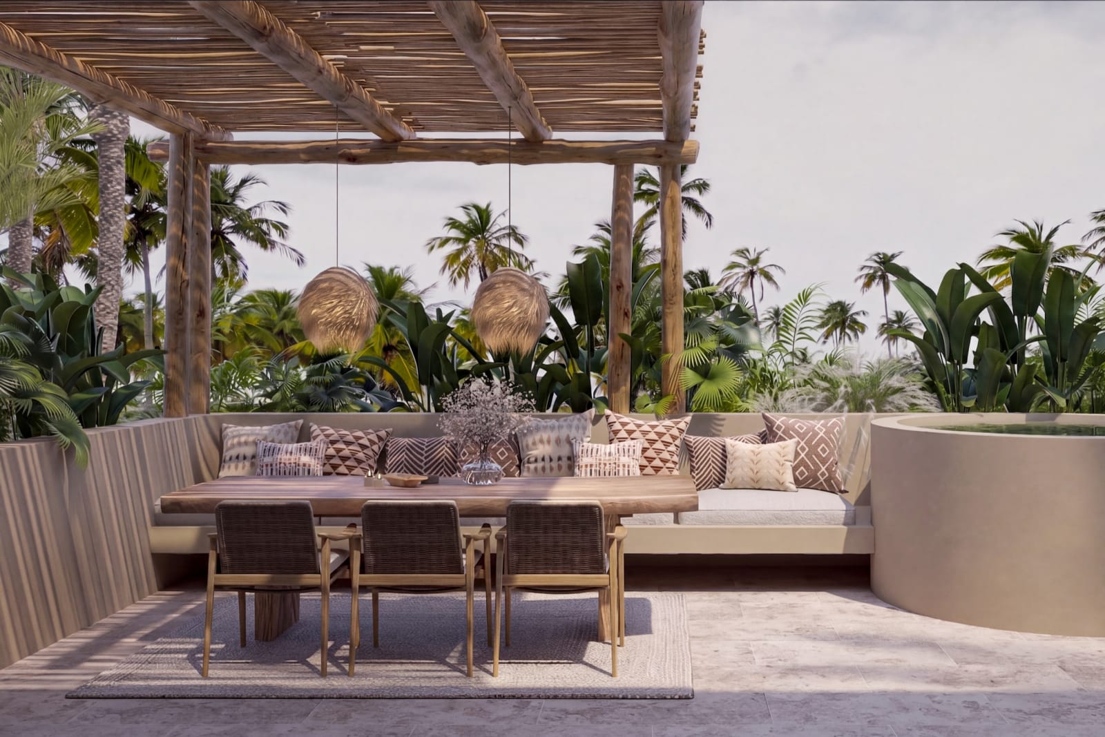The terrace of an Exclusive Penthouse: a long table under a timber pergola and a round jacuzzi, palm trees around