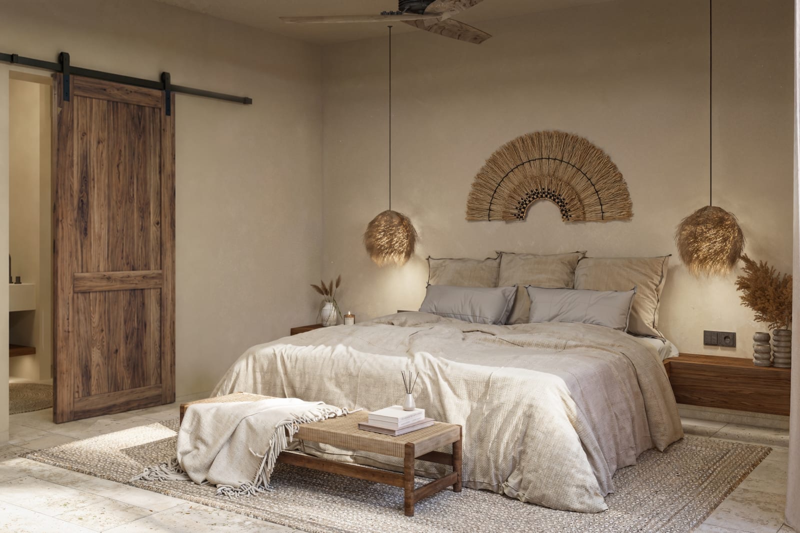The bedroom of an Exclusive Penthouse, a sliding timber door beside the bed