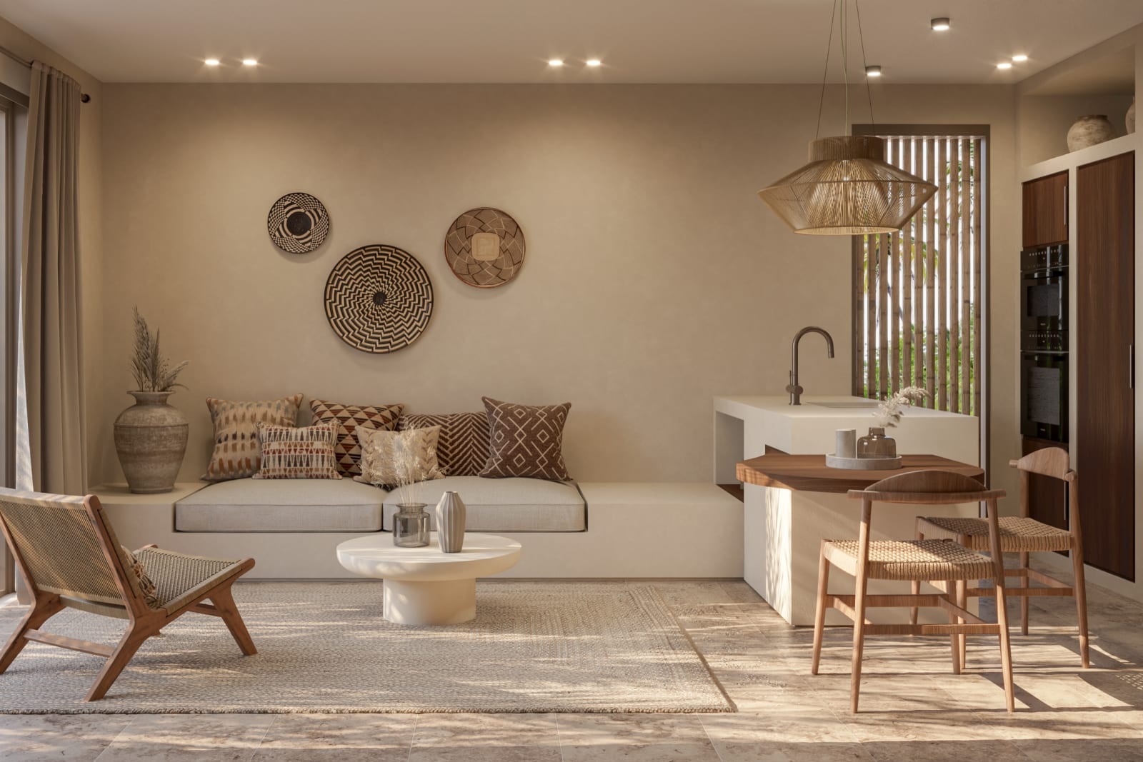 An Exclusive Penthouse: sofa, armchairs and the dining table by the kitchen