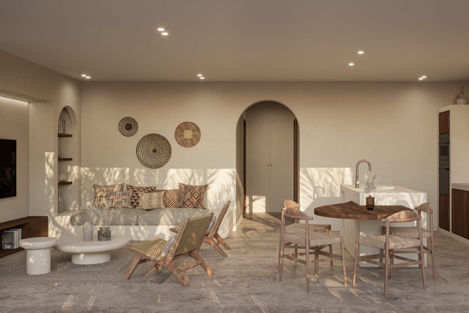 A Premium Apartment: the living and dining room under arched niches