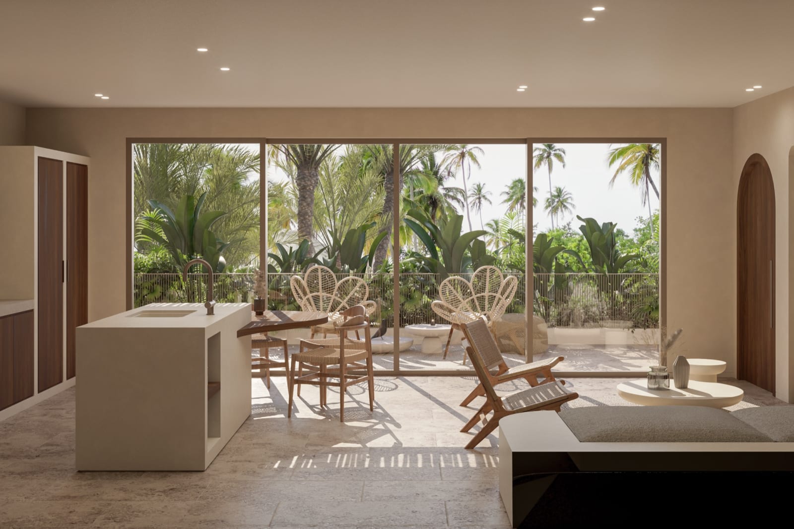 A Premium Apartment: a kitchen island and a dining table before a wide window onto palm trees