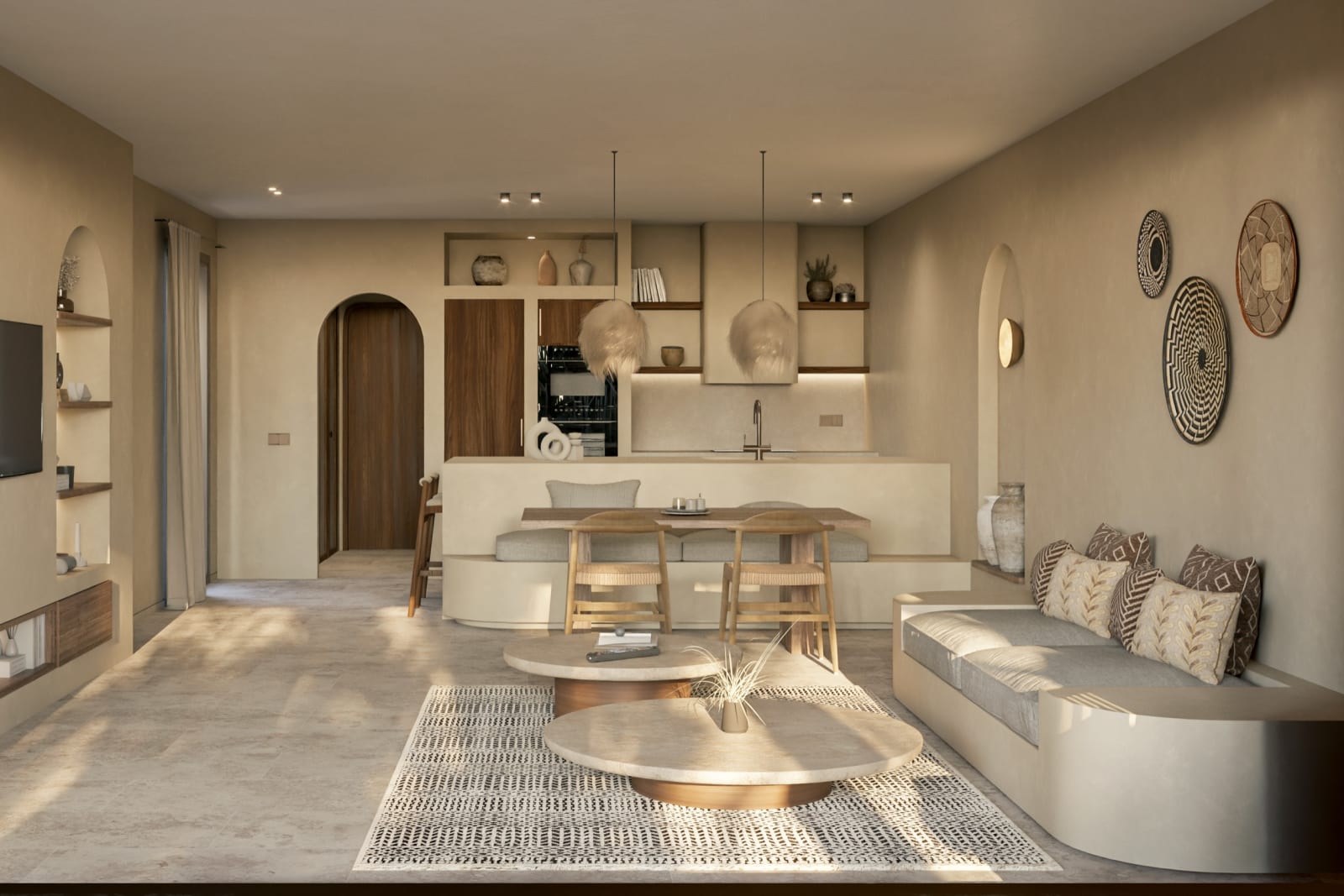Una Loft Villa: la cocina y la mesa de comedor al otro lado del sofá