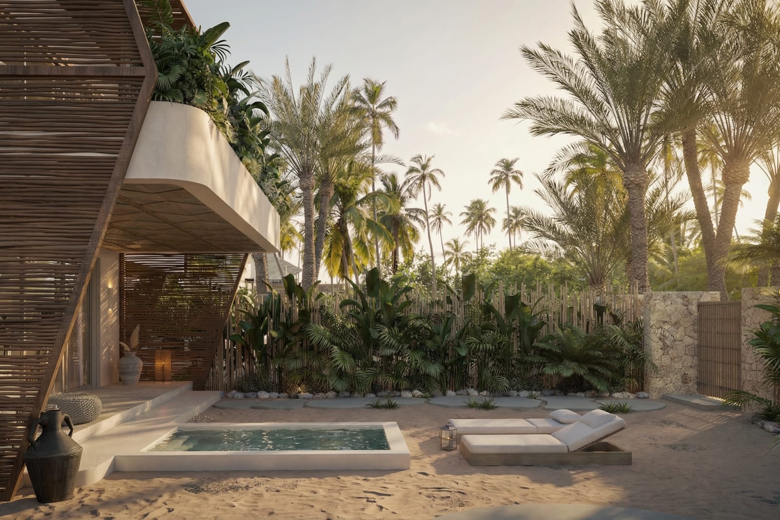 El jardín de una Villa de Lujo: su piscina entre palmeras, la villa encima