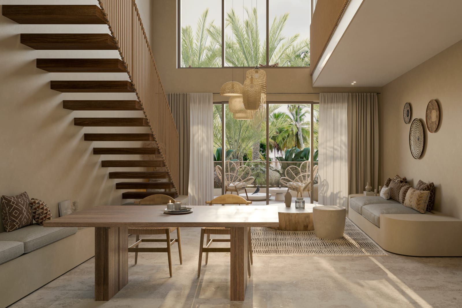 El salón de doble altura de un Magic Apartment, con la escalera flotante de madera sobre la mesa de comedor