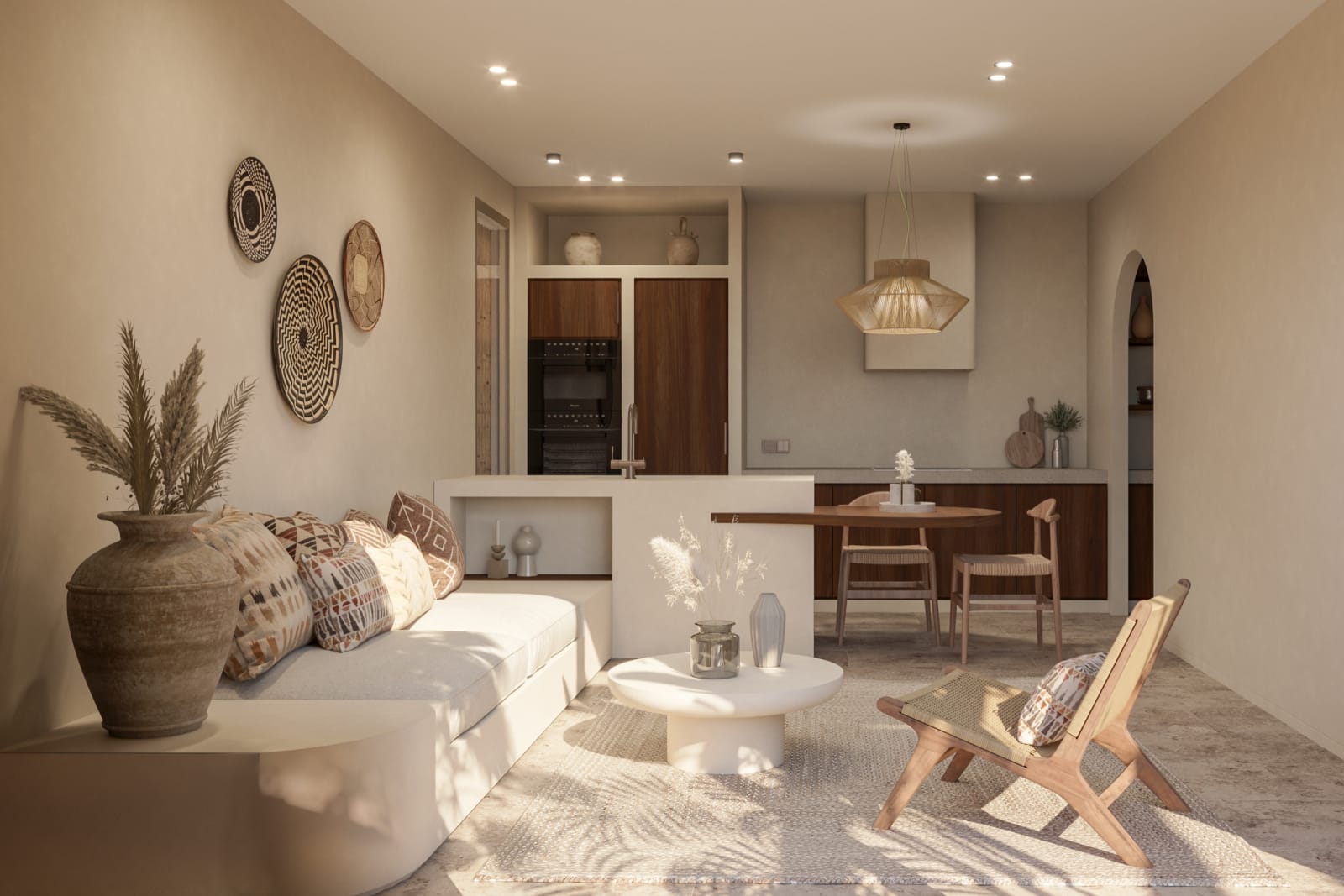 El salón de un Exclusive Penthouse, con la cocina detrás