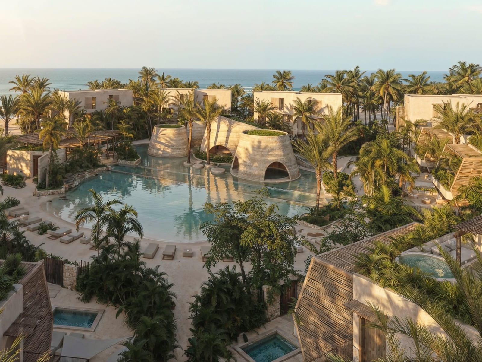 Amarse, Dominikanische Republik: niedrige Gebäude um einen lagunenartigen Pool zwischen Palmen, mit Blick auf das Meer