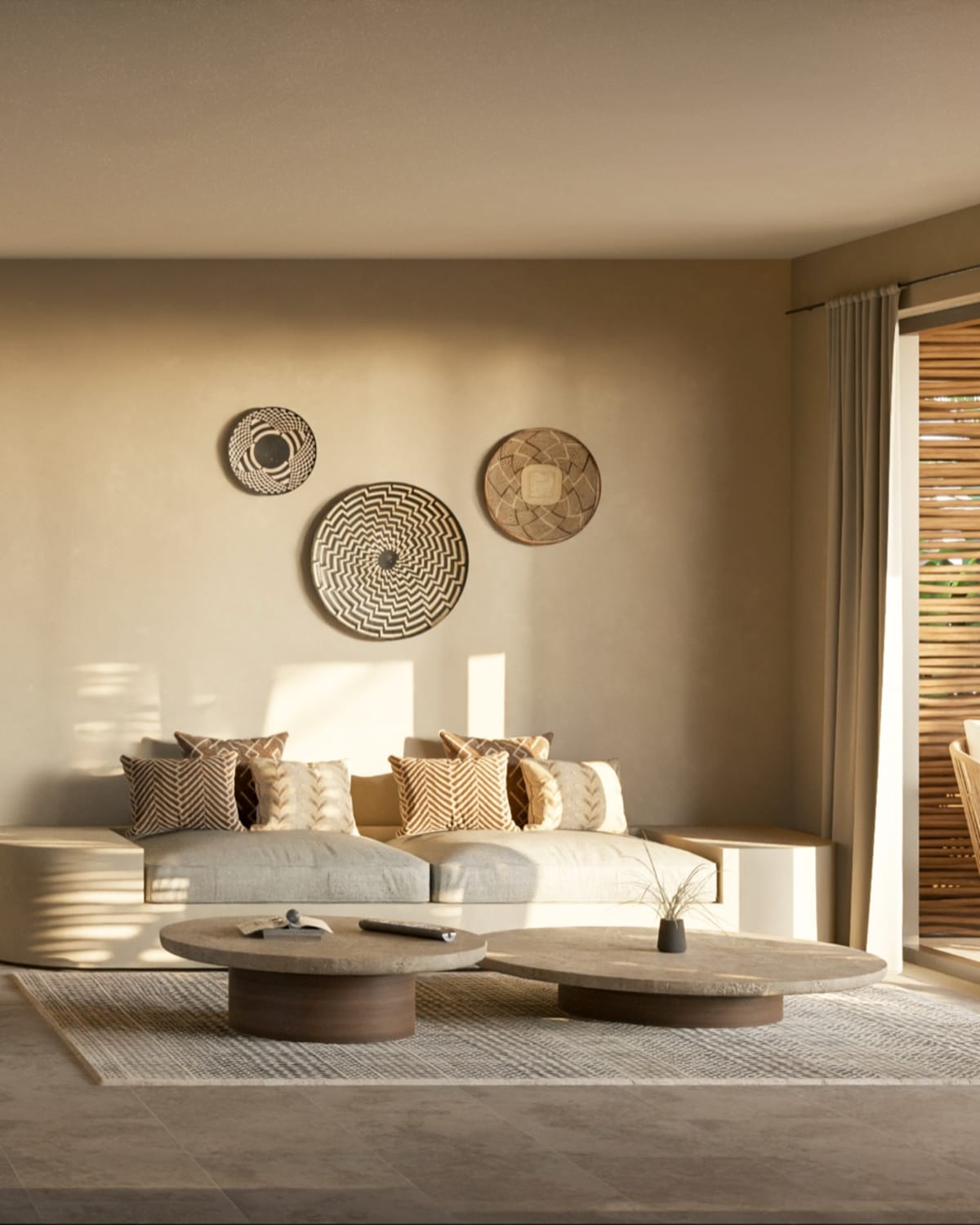 The living room: low sofas, the dining table and woven plates on clay walls, sliding doors to the garden, Samaná Loft Villa · Render