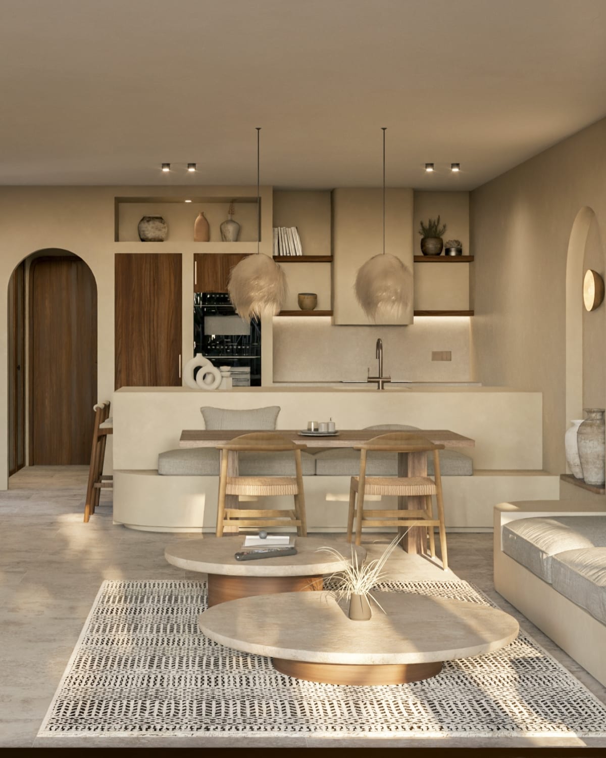 The kitchen and the dining table beyond the sofa, Samaná Loft Villa · Render