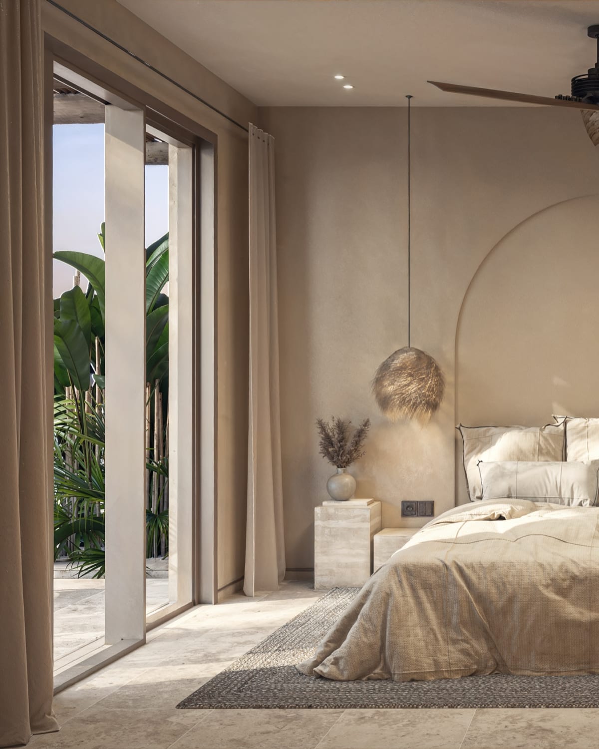 The bedroom under a ceiling fan, rattan pendant lamps either side of the bed, Samaná Loft Villa · Render