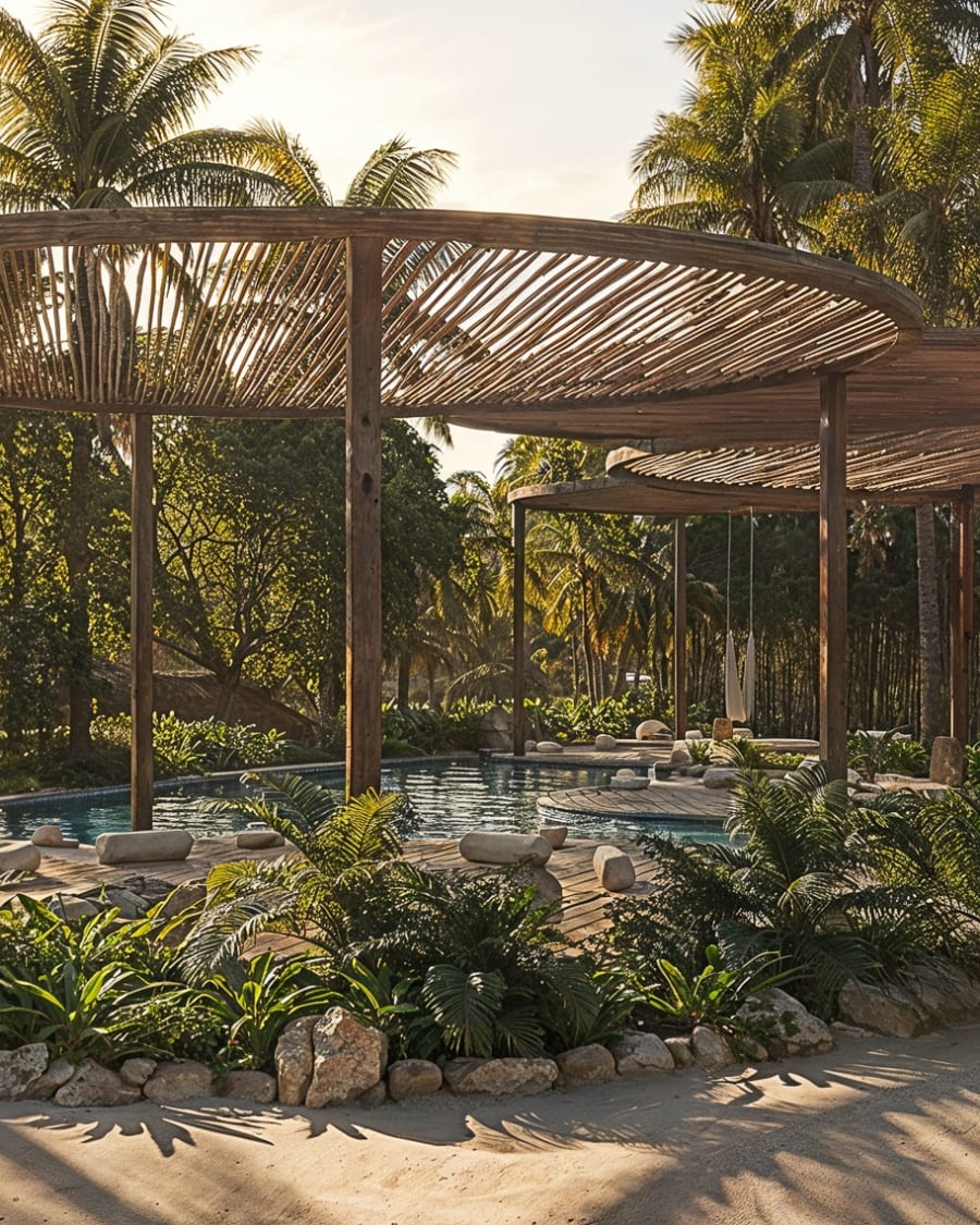 A round timber pergola over a planted yoga deck among palm trees
