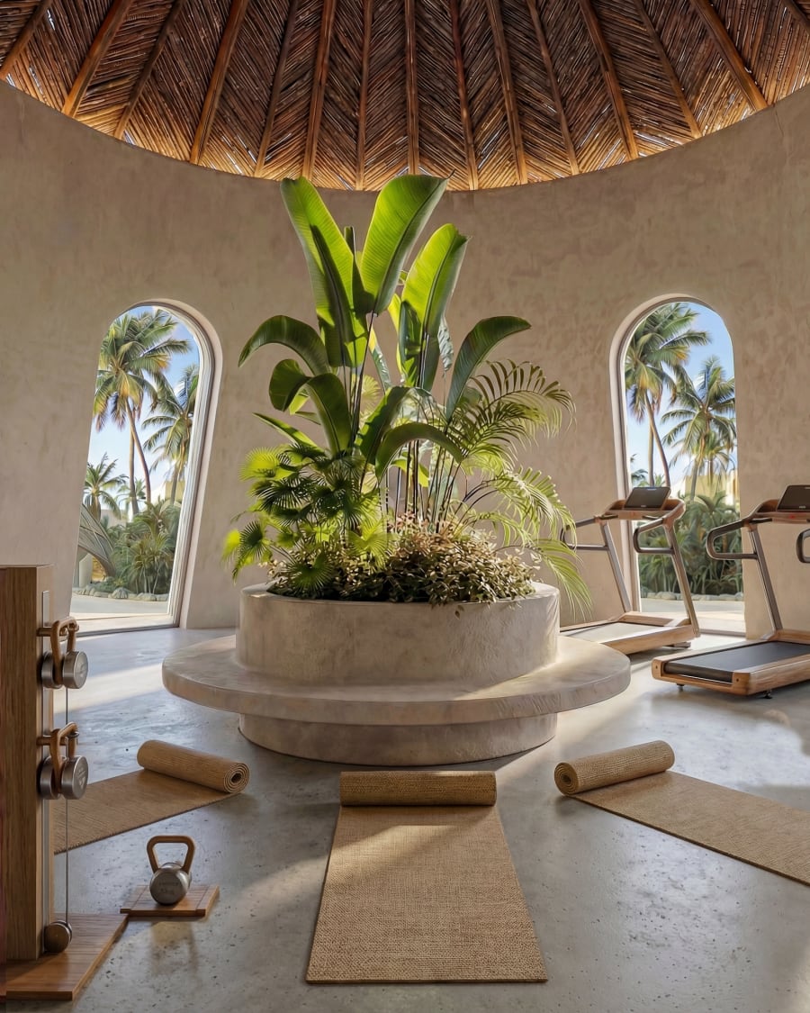 A gym under a thatched dome, arched windows onto palm trees