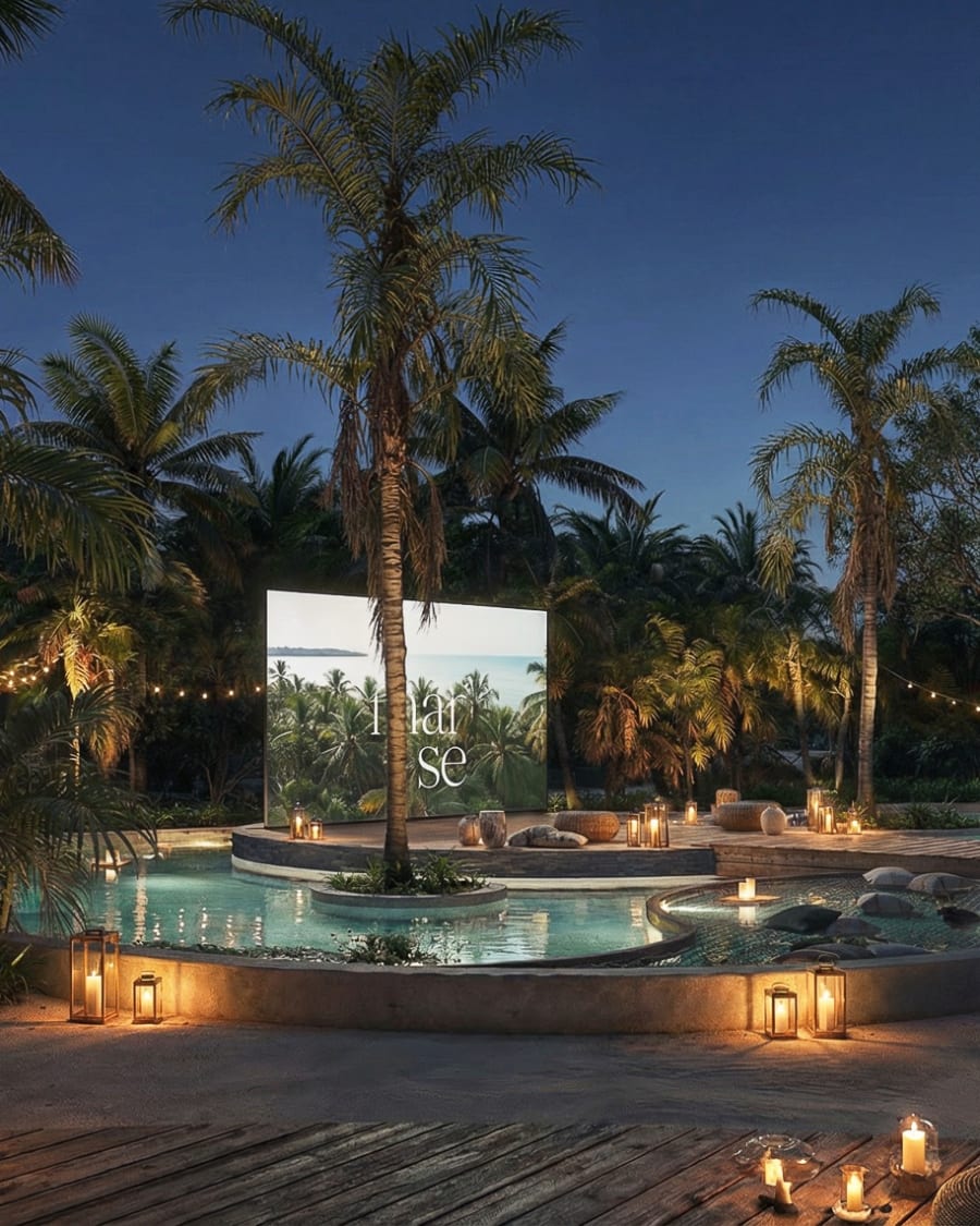 Un cine al aire libre de noche: una pantalla sobre una piscina iluminada por faroles entre palmeras