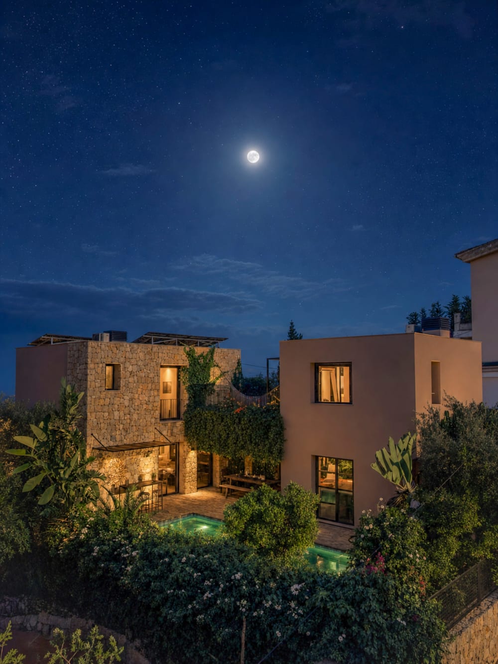 Casa Aguila, aerial view at night