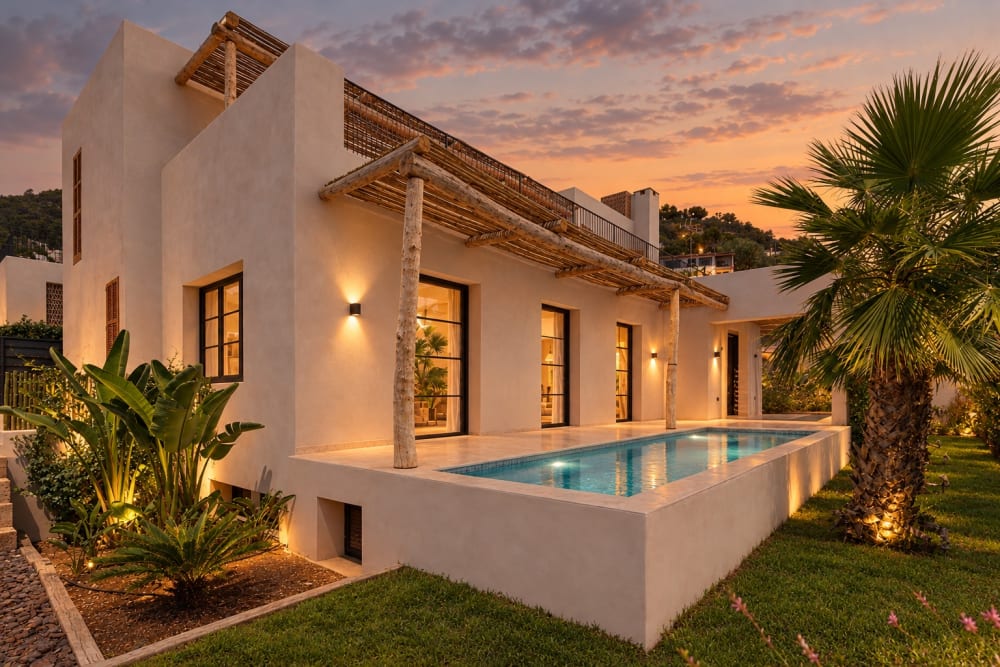 Pool and terrace at dusk, under a cane pergola, Falco 13