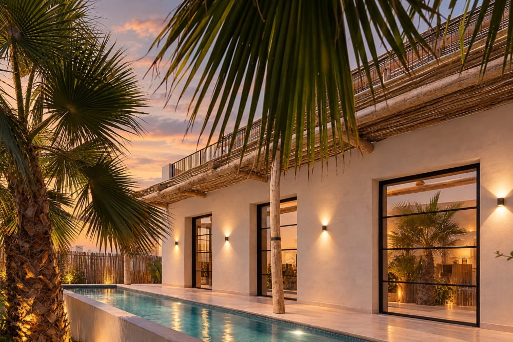 The pool seen along the water, with the cane pergola and steel-framed glass, Falco 13