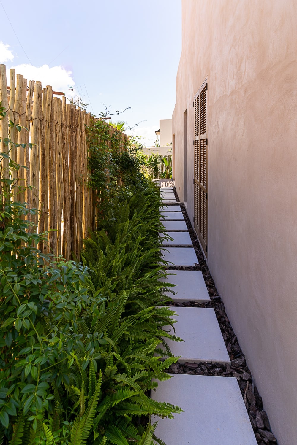 Stepping stones along a reed fence and a plastered wall, Falco 13