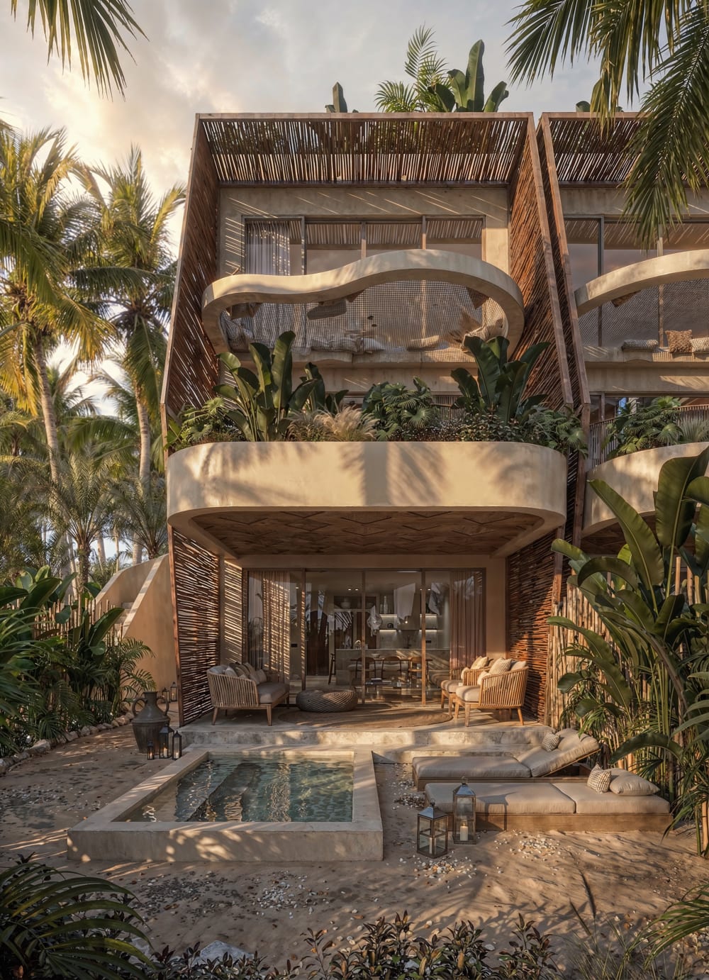 The building from the gardens: two villas on the ground floor, each with its pool, the duplex apartments above, Samaná Loft Villa · Render